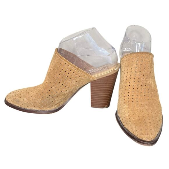 SAM EDELMAN Bates Camel Perforated Suede Stacked Heel Mules Women's Size 8 - Picture 1 of 8